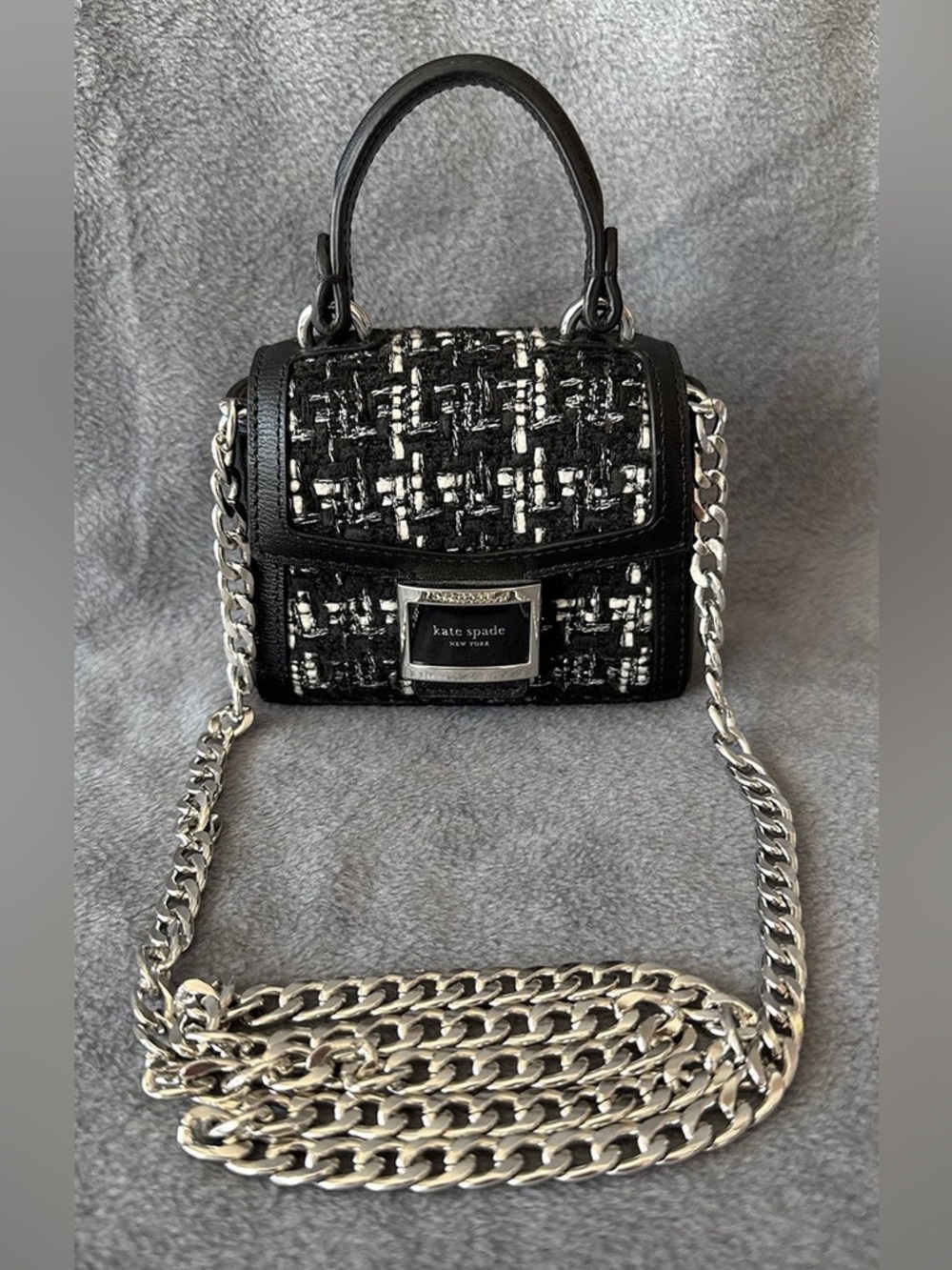 Kate Spade Black and White Mini Tweed Hand Bag With Unbranded Chain